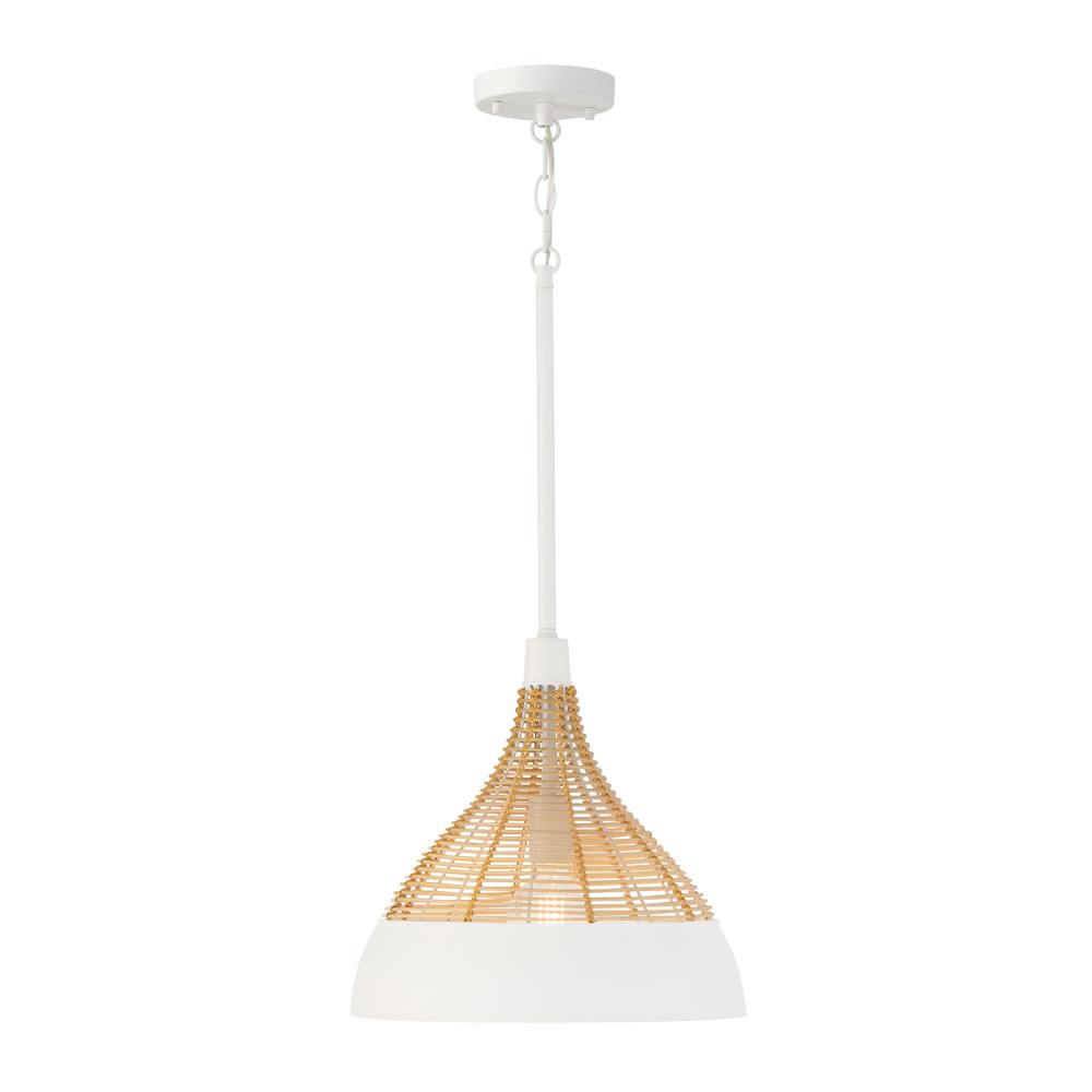 1-Light Boho Pendant in Matte White with Handcrafted Natural Rattan