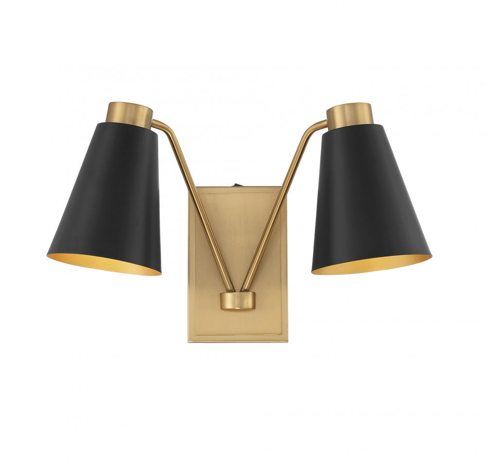 2-Light Wall Sconce in Matte Black with Natural Brass